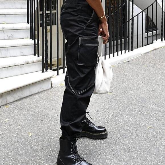The Drop Black Cargo Pants w/ Contrast Stitching & Built-In Belt - Picture 4 of 8